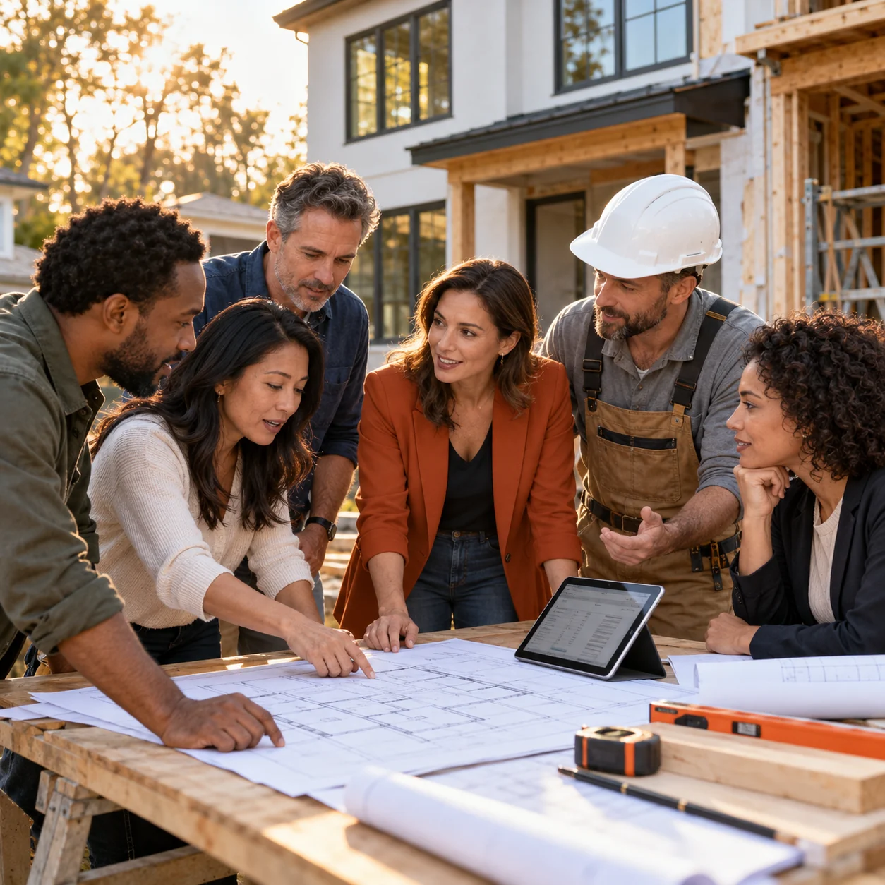 AI-generated illustration of a diverse investor community reviewing renovation plans with a contractor outside a house