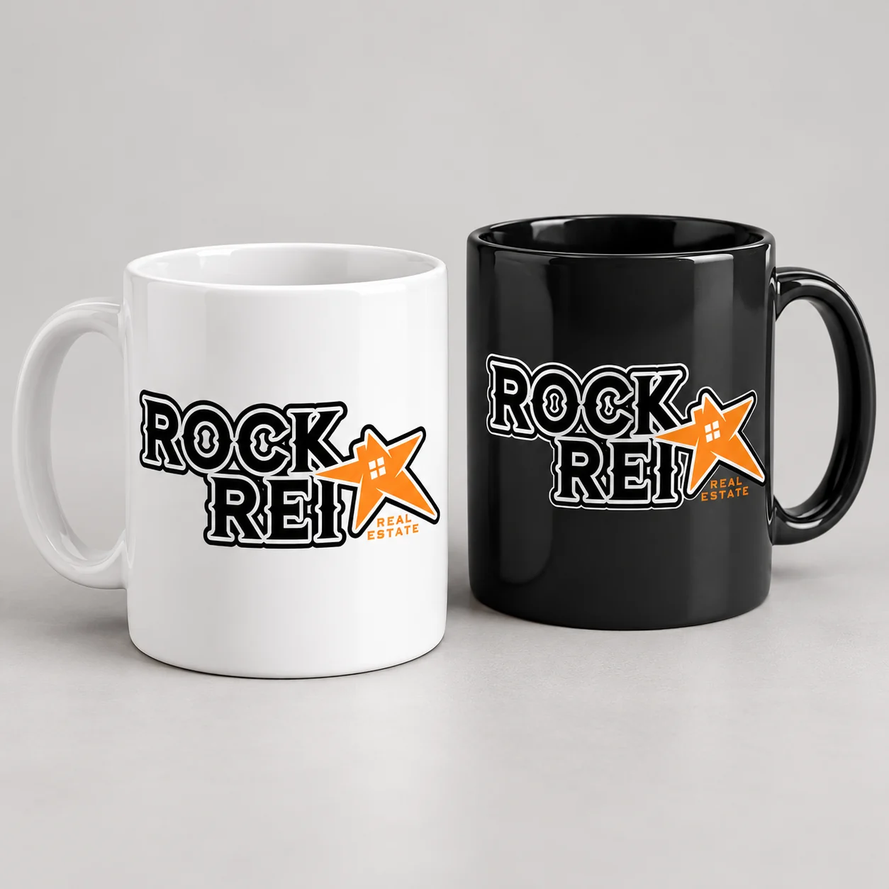 White and black ROCKREI ceramic mug design mockups