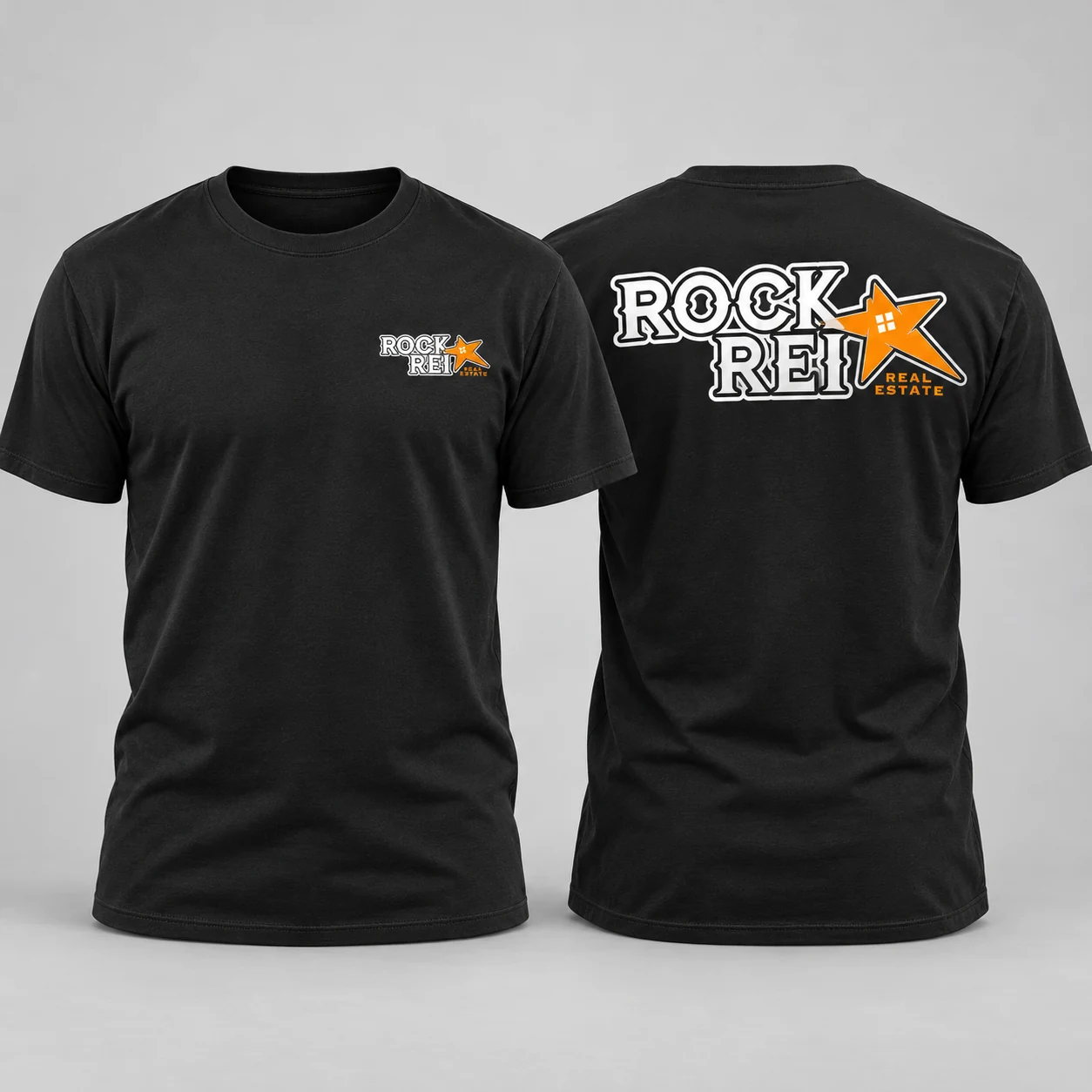 Black ROCKREI T-shirt design mockups showing front and back logo placement